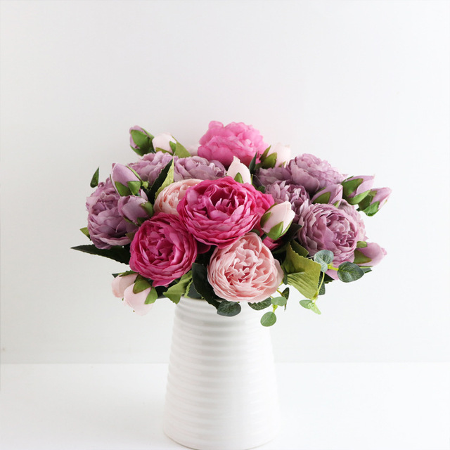 5 głów sztuczne jedwabne kwiaty piwonii i biała róża - dekoracje weselne - Wianko - 21