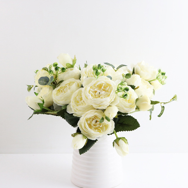 5 głów sztuczne jedwabne kwiaty piwonii i biała róża - dekoracje weselne - Wianko - 22
