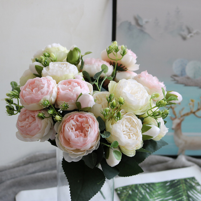 5 głów sztuczne jedwabne kwiaty piwonii i biała róża - dekoracje weselne - Wianko - 5