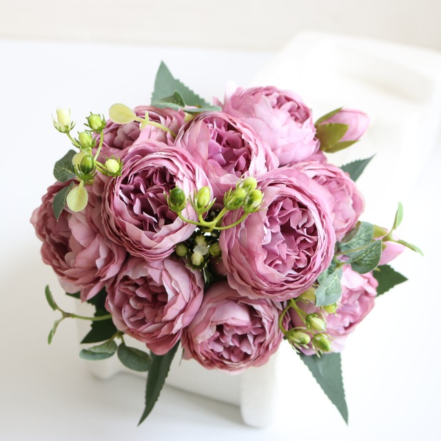 5 głów sztuczne jedwabne kwiaty piwonii i biała róża - dekoracje weselne - Wianko - 18