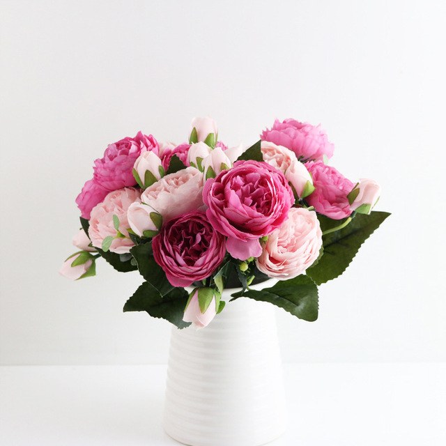5 głów sztuczne jedwabne kwiaty piwonii i biała róża - dekoracje weselne - Wianko - 28