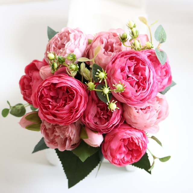 5 głów sztuczne jedwabne kwiaty piwonii i biała róża - dekoracje weselne - Wianko - 20