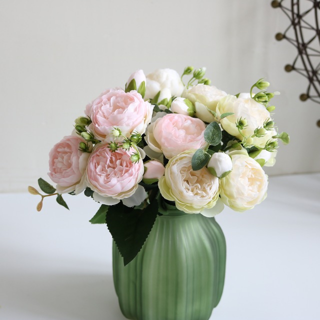5 głów sztuczne jedwabne kwiaty piwonii i biała róża - dekoracje weselne - Wianko - 14
