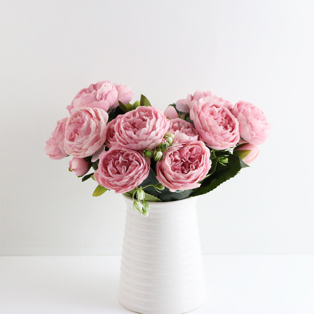 5 głów sztuczne jedwabne kwiaty piwonii i biała róża - dekoracje weselne - Wianko - 24