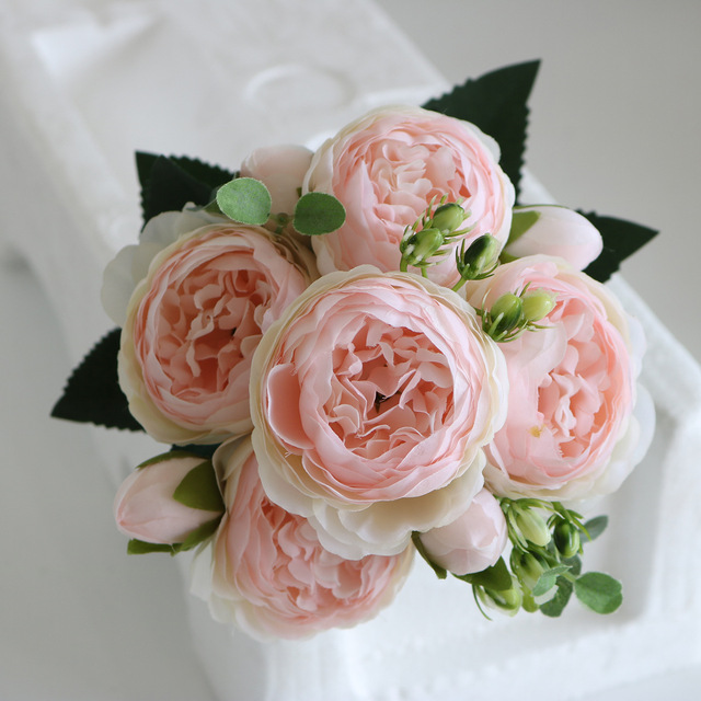 5 głów sztuczne jedwabne kwiaty piwonii i biała róża - dekoracje weselne - Wianko - 9