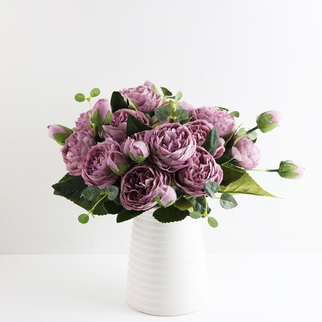 5 głów sztuczne jedwabne kwiaty piwonii i biała róża - dekoracje weselne - Wianko - 30