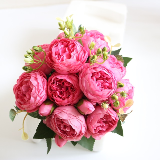 5 głów sztuczne jedwabne kwiaty piwonii i biała róża - dekoracje weselne - Wianko - 19