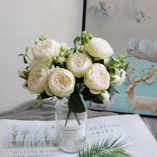 5 głów sztuczne jedwabne kwiaty piwonii i biała róża - dekoracje weselne - Wianko - 12