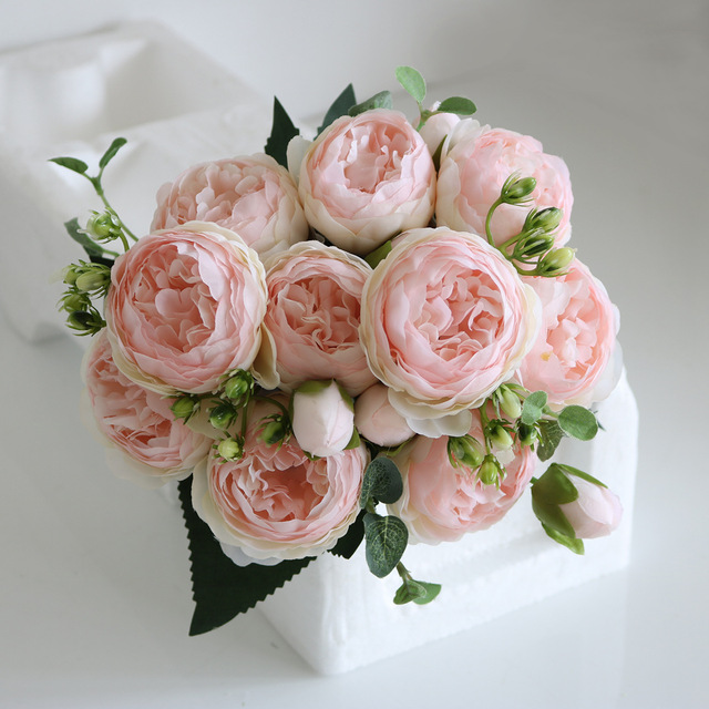 5 głów sztuczne jedwabne kwiaty piwonii i biała róża - dekoracje weselne - Wianko - 10