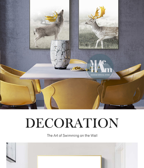 Malarstwo plakatowe na płótnie - złoty streszczenie nordyckiego stylu, geometryczne kształty, drukowane zdjęcie jelenia, dekoracja wnętrza pokoju gościnnego - Wianko - 7