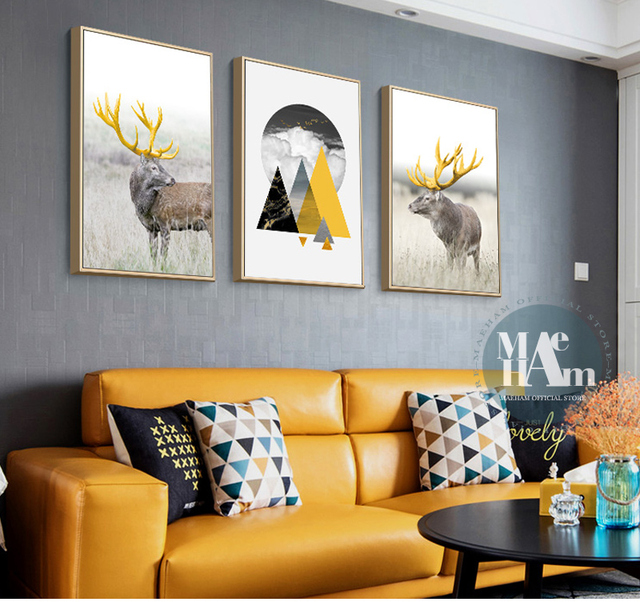 Malarstwo plakatowe na płótnie - złoty streszczenie nordyckiego stylu, geometryczne kształty, drukowane zdjęcie jelenia, dekoracja wnętrza pokoju gościnnego - Wianko - 5