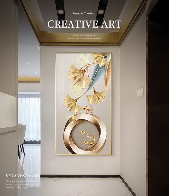 Luksusowy plakat ze złotym jełem na płótnie - nowoczesna abstrakcja z liśćmi roślin - idealne dekoracje do salonu - Wianko - 1