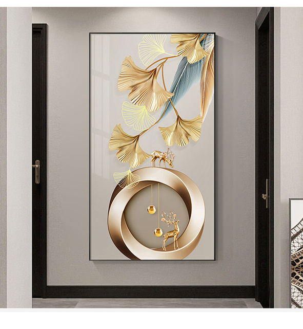 Luksusowy plakat ze złotym jełem na płótnie - nowoczesna abstrakcja z liśćmi roślin - idealne dekoracje do salonu - Wianko - 5