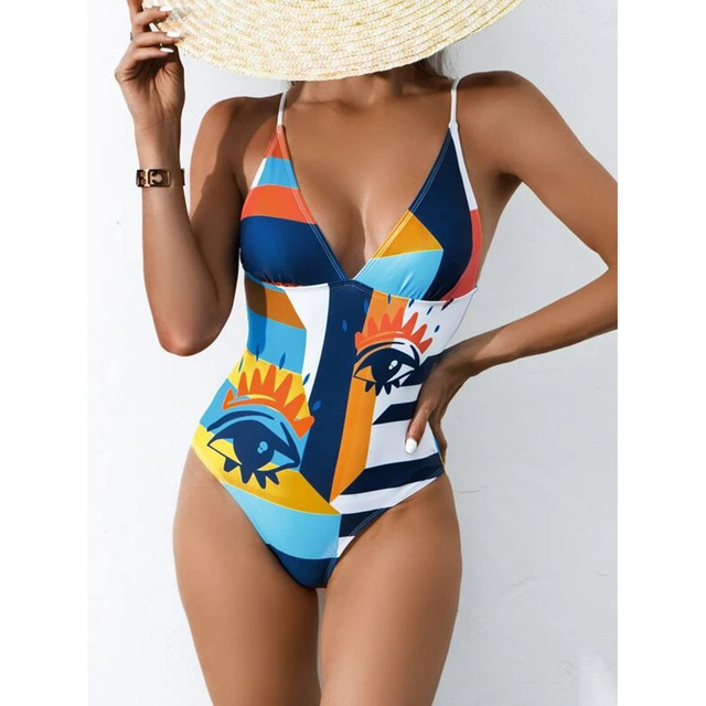 Nowy, seksowny kostium kąpielowy jednoczęściowy z kwiatowym nadrukiem, push up, niebieski - Wianko - 6