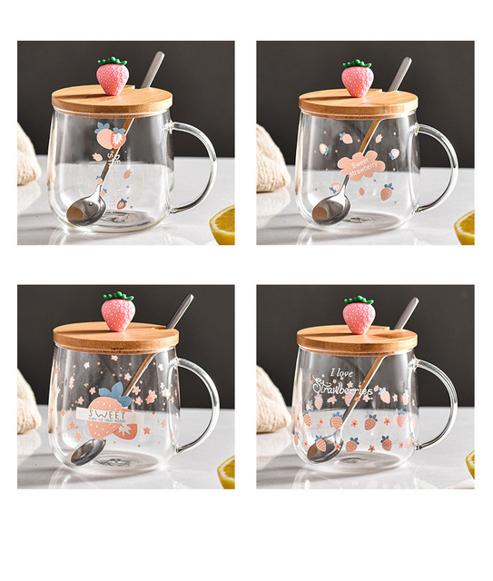 Kubek do picia 3D Lid Cartoon truskawka, szkło wodne mleko sok Drinkware kawa - Wianko - 7