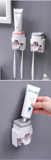 Automatyczny uchwyt na szczoteczki do zębów i dozownik pasty - wyciskacz samoprzylepny do łazienki - Wianko - 2