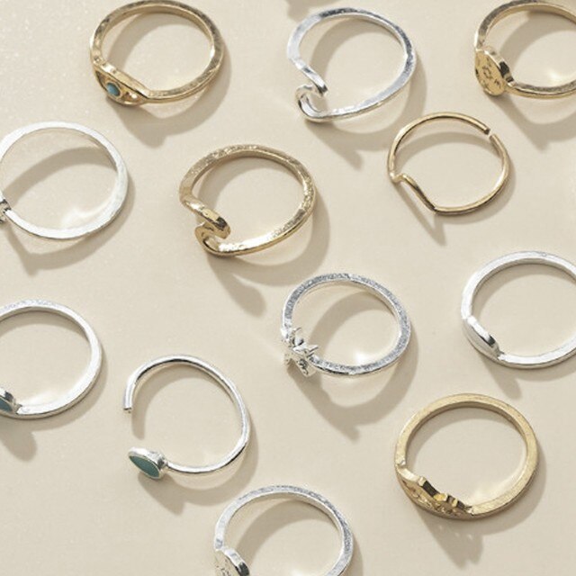 Zestaw pierścionków boho retro wieżowych dla nastoletnich dziewcząt i kobiet z falą morską, kompasem oraz diamentowymi zdobieniami na palce i paznokcie - Wianko - 10
