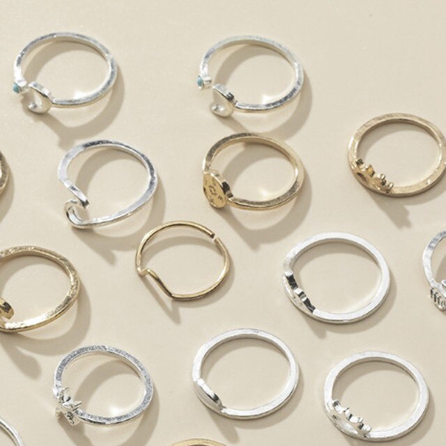Zestaw pierścionków boho retro wieżowych dla nastoletnich dziewcząt i kobiet z falą morską, kompasem oraz diamentowymi zdobieniami na palce i paznokcie - Wianko - 4