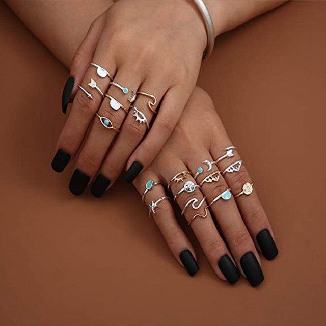 Zestaw pierścionków boho retro wieżowych dla nastoletnich dziewcząt i kobiet z falą morską, kompasem oraz diamentowymi zdobieniami na palce i paznokcie - Wianko - 6
