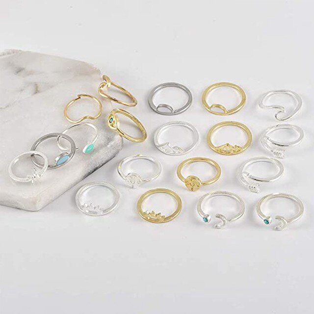 Zestaw pierścionków boho retro wieżowych dla nastoletnich dziewcząt i kobiet z falą morską, kompasem oraz diamentowymi zdobieniami na palce i paznokcie - Wianko - 7