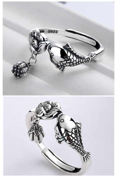 Pierścień biżuteryjny - SA SILVERAGE, lotosowy motyw, damski i męski, ryba, srebro 925, styl retro ludowy - Wianko - 3