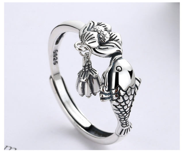 Pierścień biżuteryjny - SA SILVERAGE, lotosowy motyw, damski i męski, ryba, srebro 925, styl retro ludowy - Wianko - 2