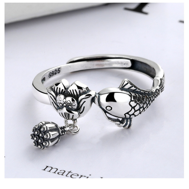 Pierścień biżuteryjny - SA SILVERAGE, lotosowy motyw, damski i męski, ryba, srebro 925, styl retro ludowy - Wianko - 1