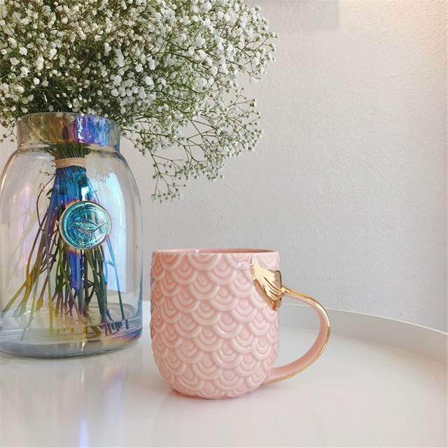 Kubek ceramiczny z motywem kreatywnej syrenki, różowy i niebieski, złota rączka, 420ml - Wianko - 5