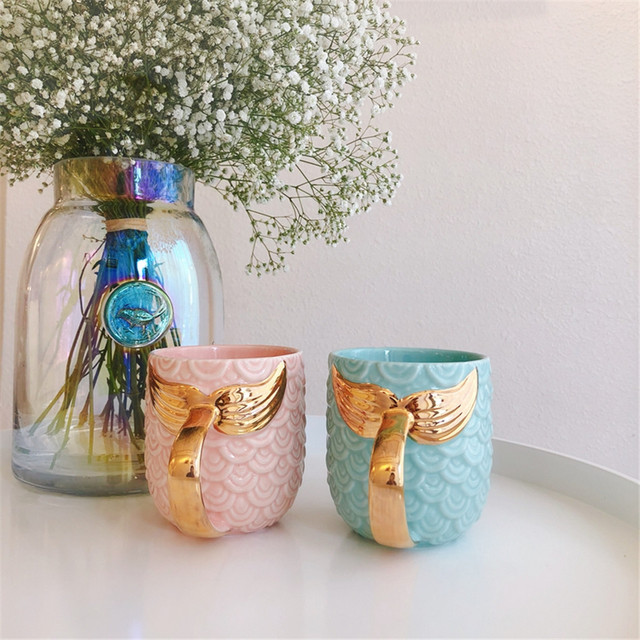 Kubek ceramiczny z motywem kreatywnej syrenki, różowy i niebieski, złota rączka, 420ml - Wianko - 1