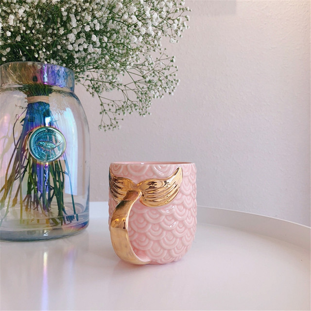 Kubek ceramiczny z motywem kreatywnej syrenki, różowy i niebieski, złota rączka, 420ml - Wianko - 6