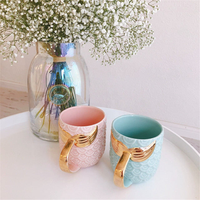 Kubek ceramiczny z motywem kreatywnej syrenki, różowy i niebieski, złota rączka, 420ml - Wianko - 2