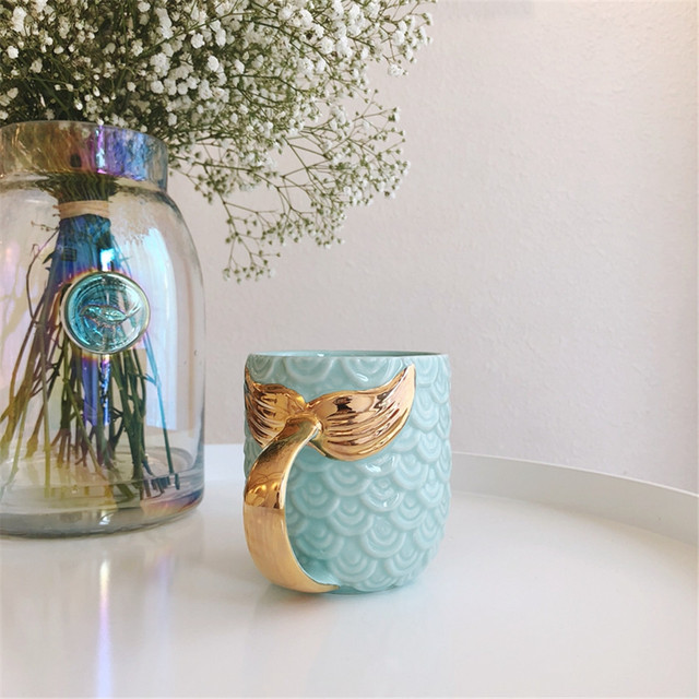 Kubek ceramiczny z motywem kreatywnej syrenki, różowy i niebieski, złota rączka, 420ml - Wianko - 4