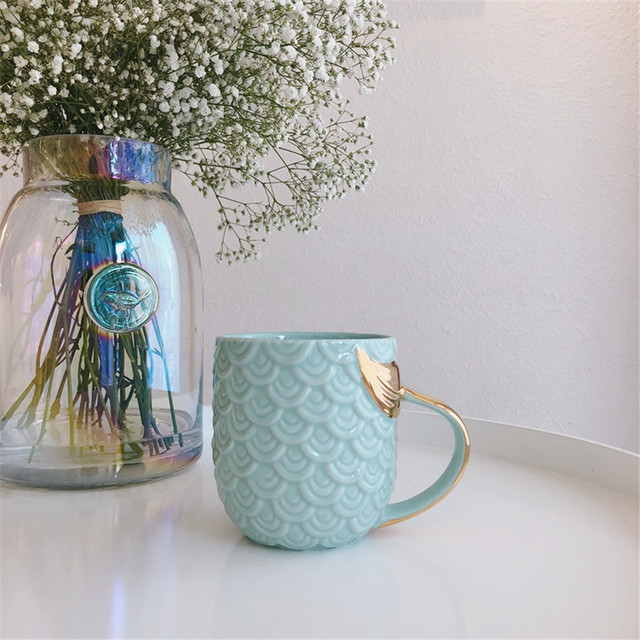 Kubek ceramiczny z motywem kreatywnej syrenki, różowy i niebieski, złota rączka, 420ml - Wianko - 3