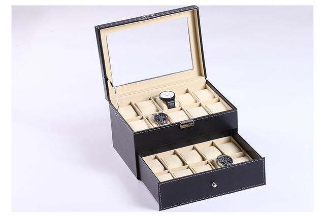 Zegarek Box z 3/6/10/20 slotami z czarnego skóra przenośne podróżne pudełko na zegarki i biżuterię z dużym uchwytem - Wianko - 6
