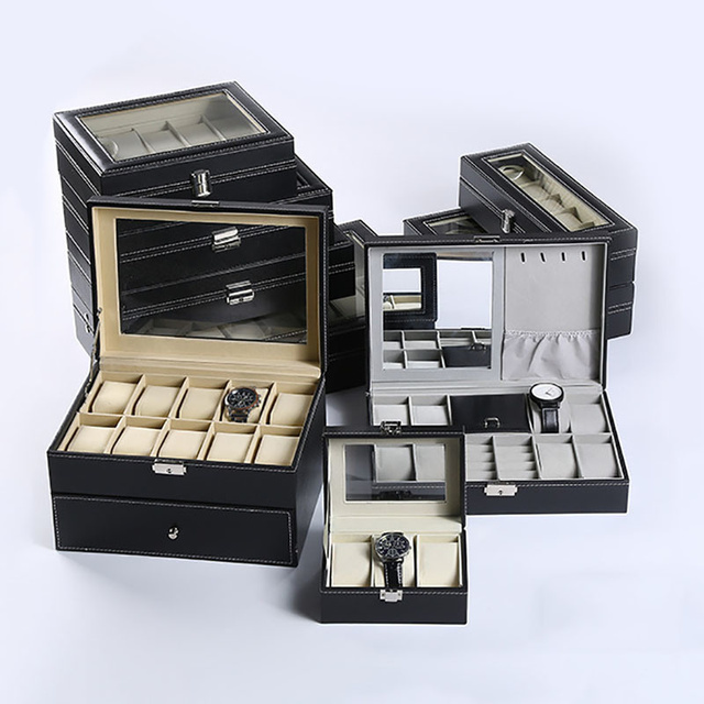 Zegarek Box z 3/6/10/20 slotami z czarnego skóra przenośne podróżne pudełko na zegarki i biżuterię z dużym uchwytem - Wianko - 1