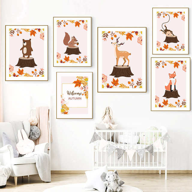 Obraz na płótnie Nordic Room Decor z jesiennej kolekcji: jelen, lis, małpa, miś, jeż, wiewiórka - plakat i druk zdjęcia - Wianko - 3