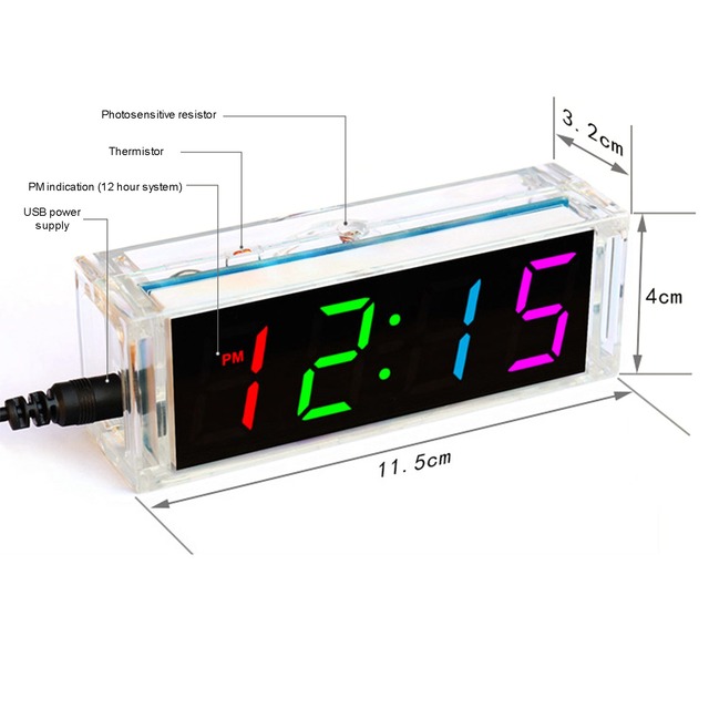 Zestaw DIY zegar elektroniczny LED 4-cyfrowy 5V w formie tuby, multikolorowy, przezroczysty futerał, 12/24-godzinny wyświetlacz plastikowy - Wianko - 7