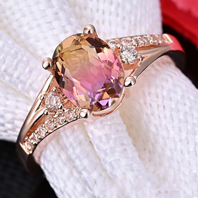 Kolorowy pierścień ślubny z różowym złotem i kryształami tęczowego odcienia dla kobiet - Wianko - 2