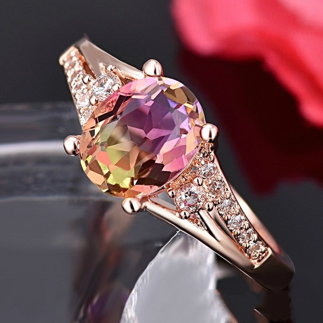 Kolorowy pierścień ślubny z różowym złotem i kryształami tęczowego odcienia dla kobiet - Wianko - 4