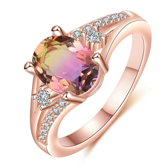 Kolorowy pierścień ślubny z różowym złotem i kryształami tęczowego odcienia dla kobiet - Wianko - 1