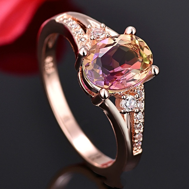 Kolorowy pierścień ślubny z różowym złotem i kryształami tęczowego odcienia dla kobiet - Wianko - 5