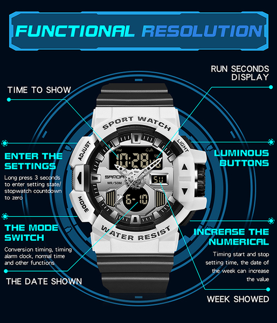 SANDA Nowy zegarek męski kwarcowy cyfrowy, wojskowy, wodoodporny - Wianko - 10