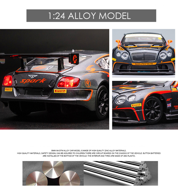 Bentley Continental GT3 Le Mans - model odlewany, zabawkowy samochód wyścigowy, skala 1:24 z wysokimi, lekkimi, wolnoobrotowymi kołami - Wianko - 2