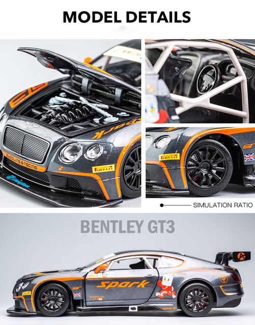 Bentley Continental GT3 Le Mans - model odlewany, zabawkowy samochód wyścigowy, skala 1:24 z wysokimi, lekkimi, wolnoobrotowymi kołami - Wianko - 4