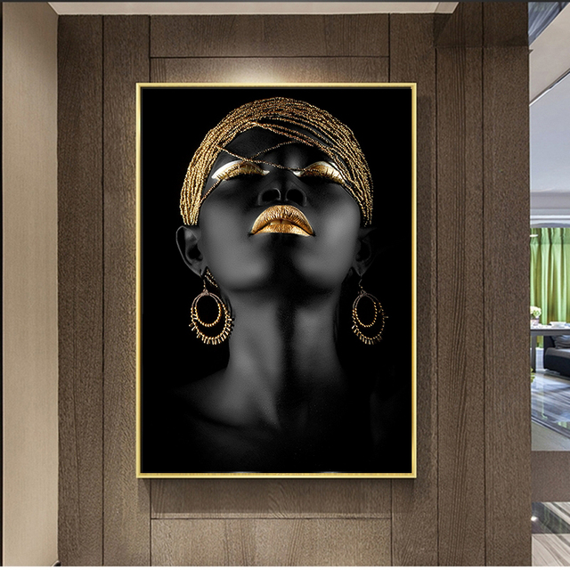 Plakat artystyczny skandynawskiego malarstwa na płótnie - kobieca sztuka afrykańska w czarnym, złotym i fioletowym salonie - Wianko - 4