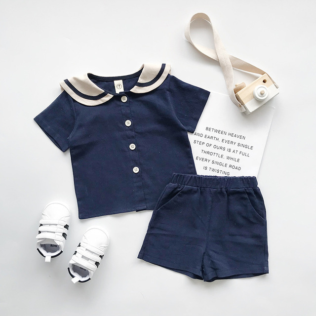 Zestaw ubrań dla dzieci: styl japoński, lato, chłopcy, dziewczyny, moda, przedszkole - koszula z miękkim marynarskim kołnierzykiem i szorty z bawełnianej pościeli - Wianko - 10