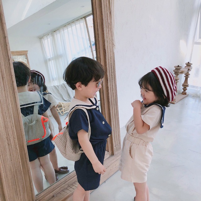 Zestaw ubrań dla dzieci: styl japoński, lato, chłopcy, dziewczyny, moda, przedszkole - koszula z miękkim marynarskim kołnierzykiem i szorty z bawełnianej pościeli - Wianko - 6