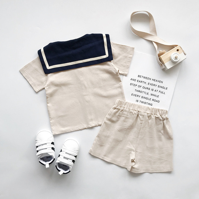 Zestaw ubrań dla dzieci: styl japoński, lato, chłopcy, dziewczyny, moda, przedszkole - koszula z miękkim marynarskim kołnierzykiem i szorty z bawełnianej pościeli - Wianko - 13