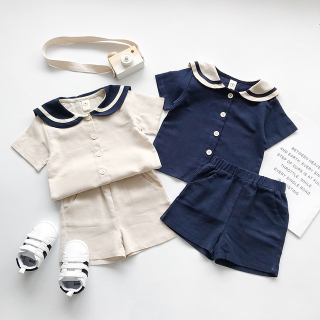 Zestaw ubrań dla dzieci: styl japoński, lato, chłopcy, dziewczyny, moda, przedszkole - koszula z miękkim marynarskim kołnierzykiem i szorty z bawełnianej pościeli - Wianko - 2