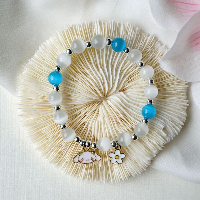 Bransoletka z białymi koralikami 8mm i kamieniem księżycowym, zdobiona kocim okiem - biżuteria dla kobiet - Wianko - 8